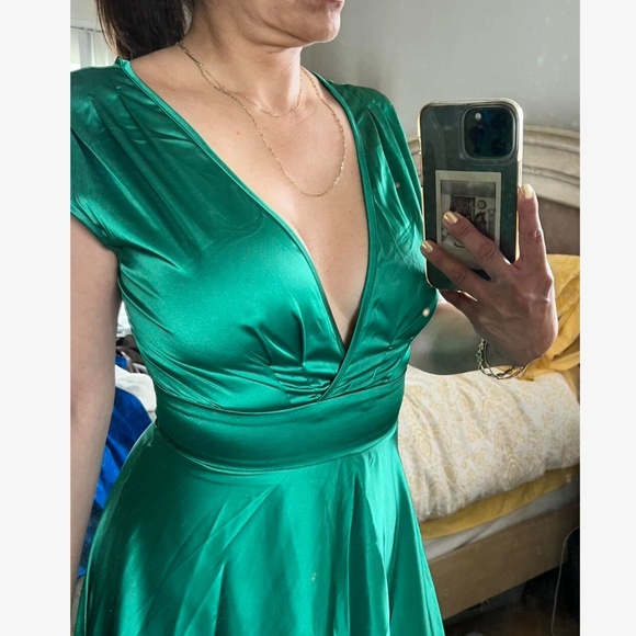 Luxe Satin Plunging Neck party Holiday Midi Dress - Picture 3 of 6